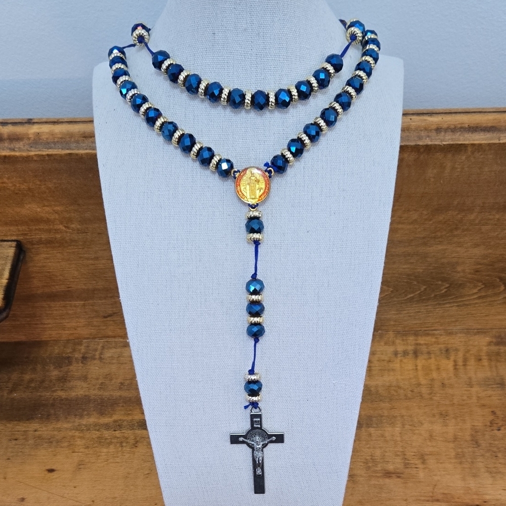 Metal Bead Rosary 20" Blue & Gold